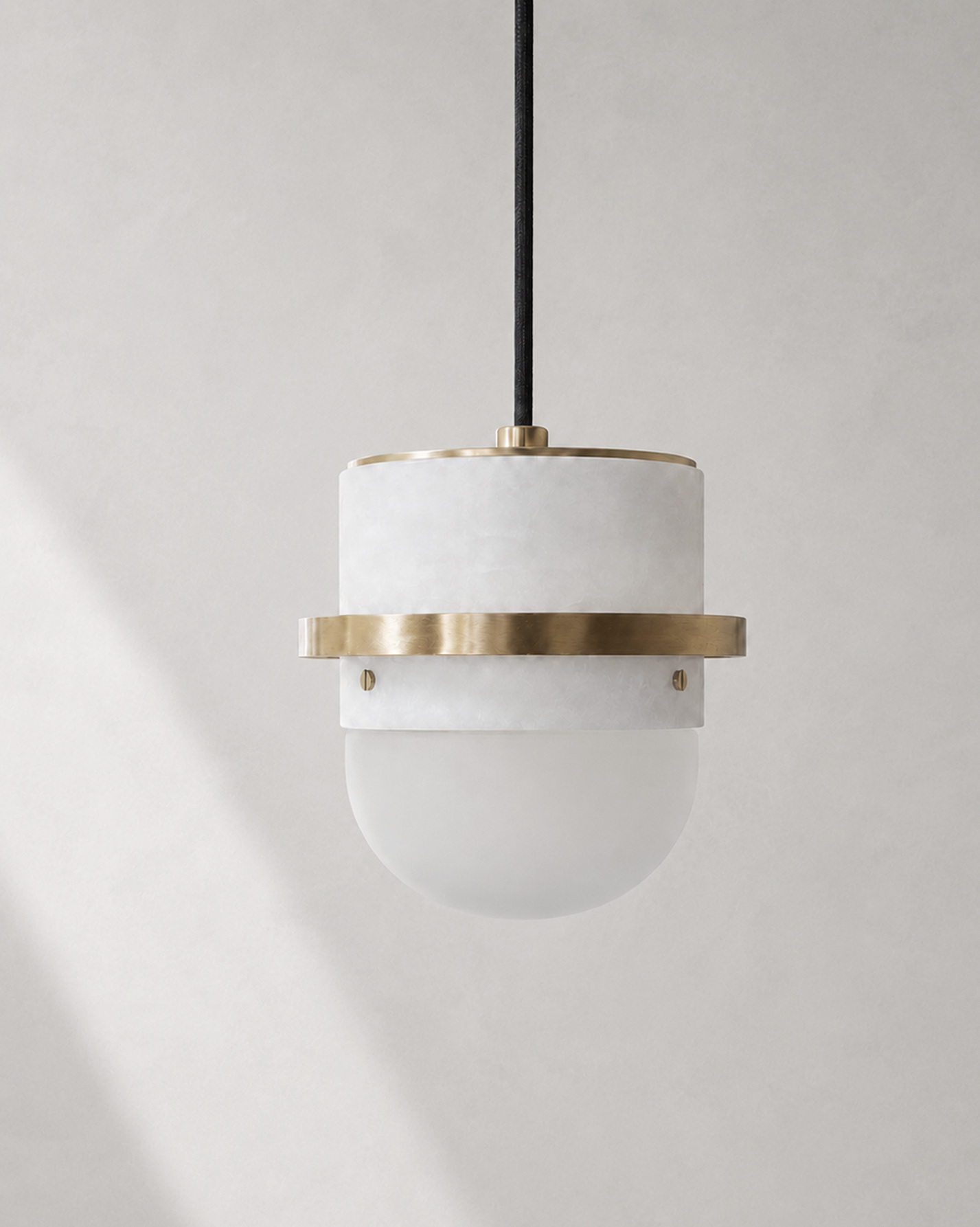 D’AILLEURS 2 pendant in white alabaster, brass and opal glass