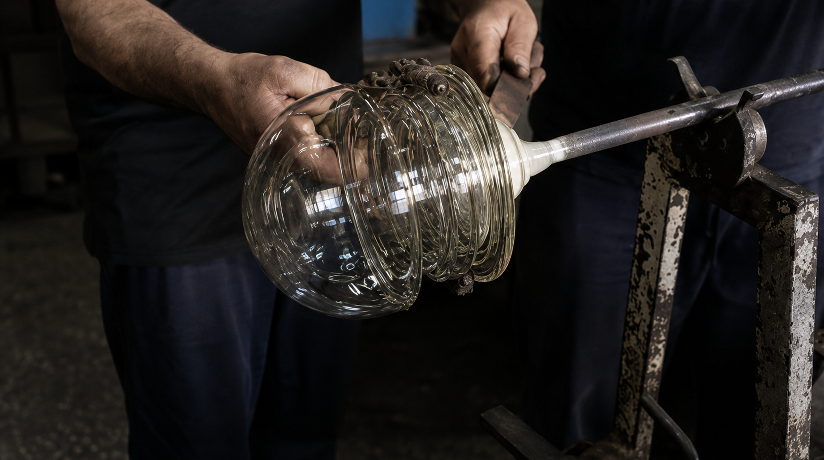 Glass being formed by hand in a specialist workshop